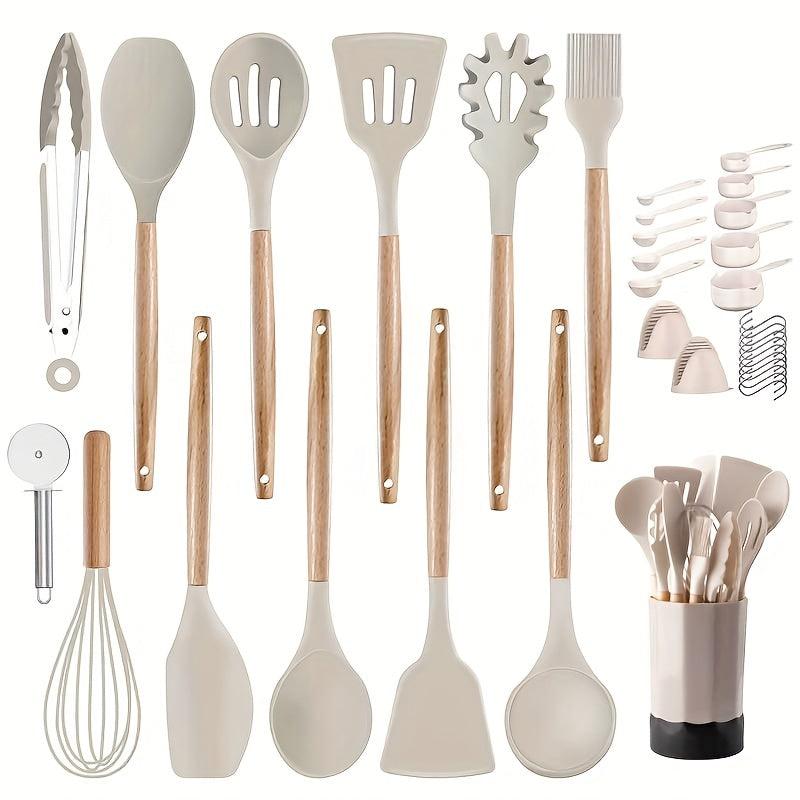35pcs Silicone Kitchen Utensils Set Wooden Handle Heat Resistant Non-stick