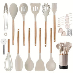 35pcs Silicone Kitchen Utensils Set Wooden Handle Heat Resistant Non-stick