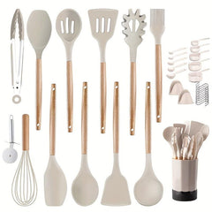 35pcs Silicone Kitchen Utensils Set Wooden Handle Heat Resistant Non-stick