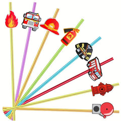 8pcs Fire Theme Reusable Straw Set for Family Gatherings and Parties