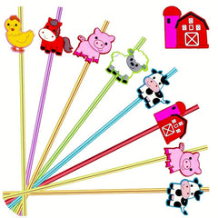 6pcs Farm Theme Reusable Straws w/ Brush for Family Gatherings