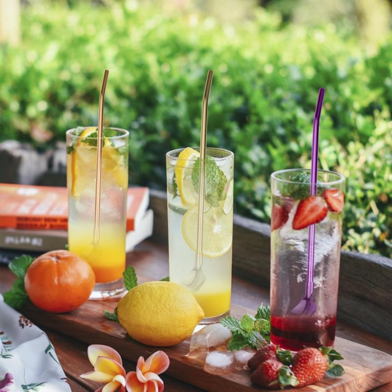 7pcs Stainless Steel Reusable Straw Spoon Set with Cleaning Brush