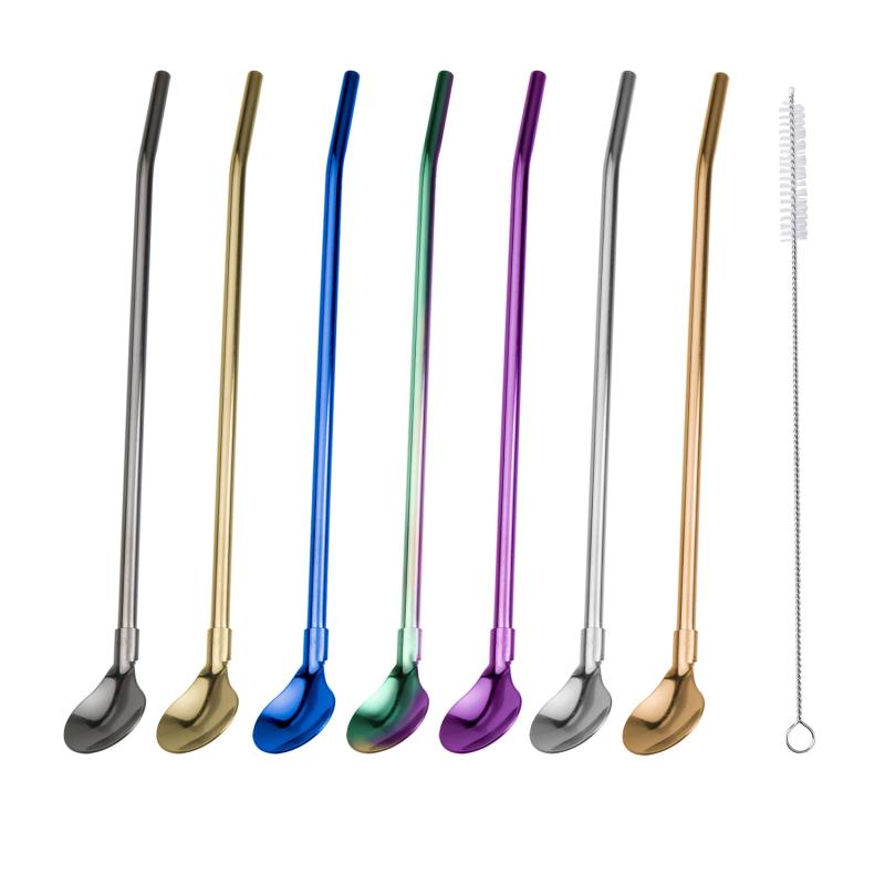 7pcs Stainless Steel Reusable Straw Spoon Set with Cleaning Brush