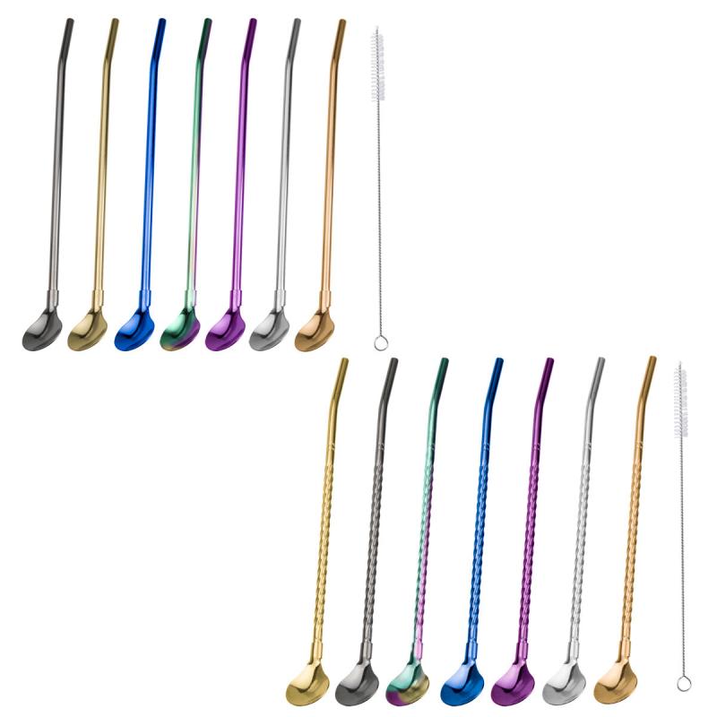 7pcs Stainless Steel Reusable Straw Spoon Set with Cleaning Brush