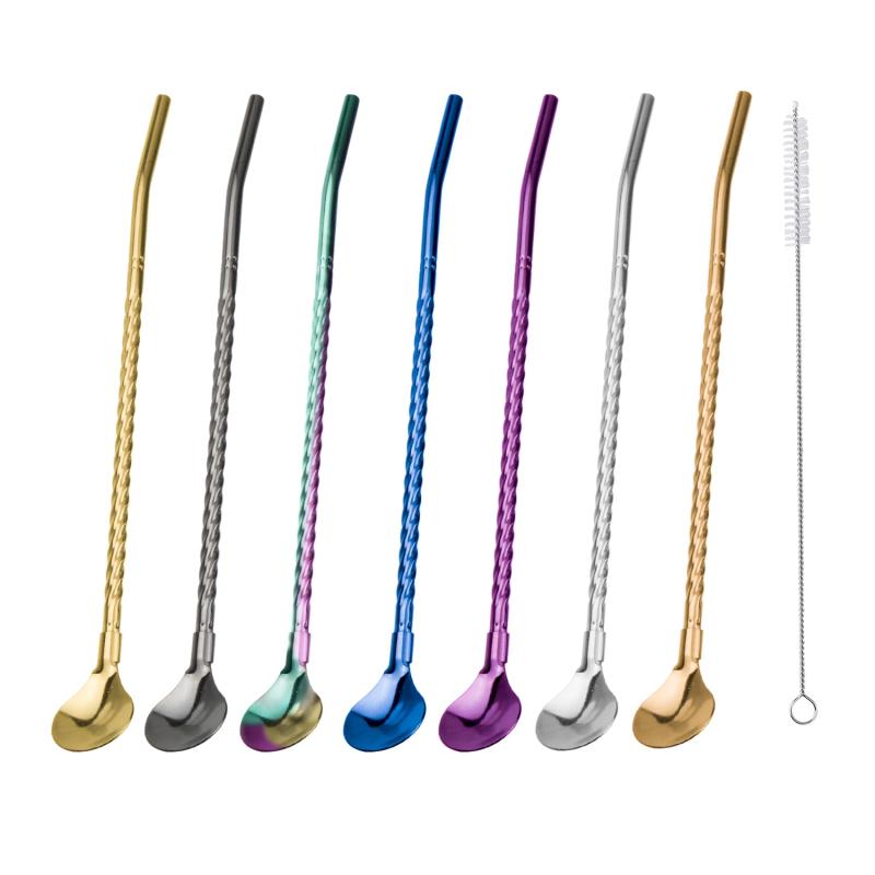 7pcs Stainless Steel Reusable Straw Spoon Set with Cleaning Brush
