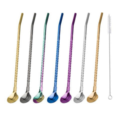 7pcs Stainless Steel Reusable Straw Spoon Set with Cleaning Brush