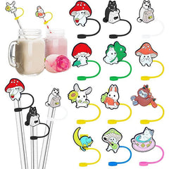 16pcs Cartoon Straw Tips Cover, Silicone Aniame Reusable Drinking Straw Toppers