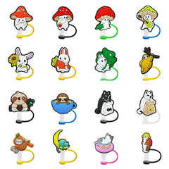 16pcs Cartoon Straw Tips Cover, Silicone Aniame Reusable Drinking Straw Toppers