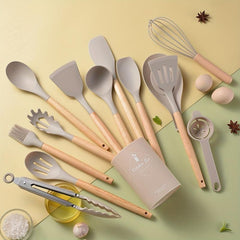 14-Piece Non Stick Silicone Cooking Utensils Set with Wooden Handles