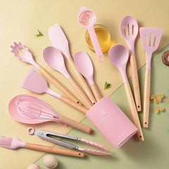 14-Piece Non Stick Silicone Cooking Utensils Set with Wooden Handles