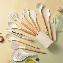14-Piece Non Stick Silicone Cooking Utensils Set with Wooden Handles