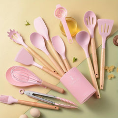 14-Piece Non Stick Silicone Cooking Utensils Set with Wooden Handles