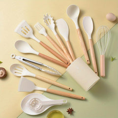 14-Piece Non Stick Silicone Cooking Utensils Set with Wooden Handles