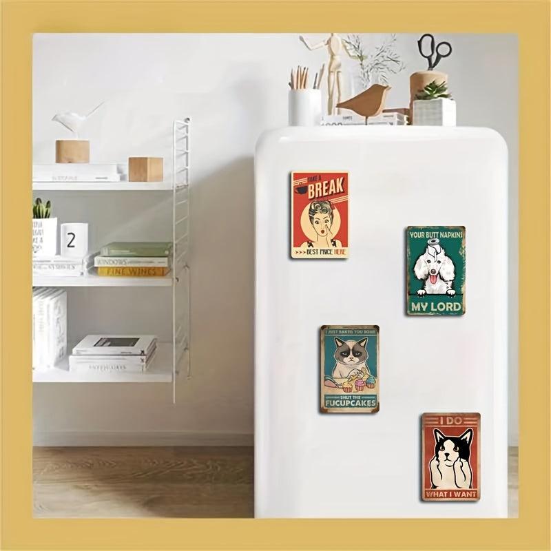 Set of 4 Vintage Animal Fridge Magnets - Dog Cat Retro Magnetic Stickers