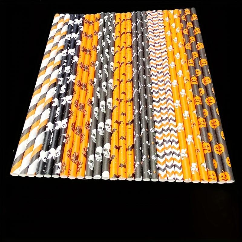 25Pcs Halloween Paper Straws Skull Pumpkin Bat Ghost Disposable Drinking Straws