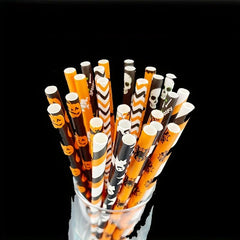 25Pcs Halloween Paper Straws Skull Pumpkin Bat Ghost Disposable Drinking Straws