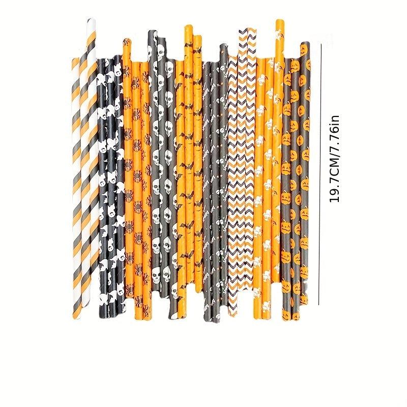 25Pcs Halloween Paper Straws Skull Pumpkin Bat Ghost Disposable Drinking Straws