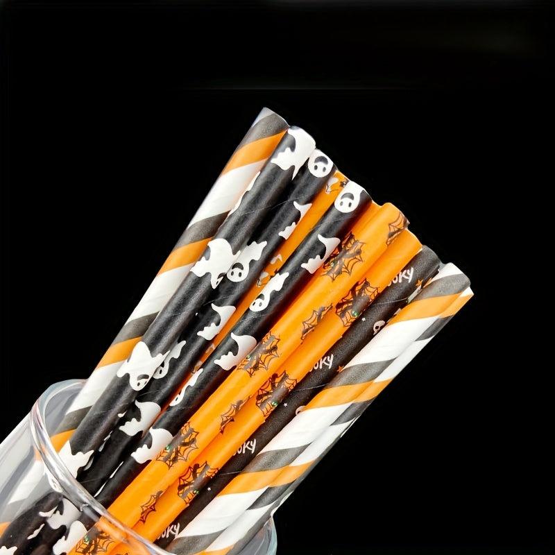 25Pcs Halloween Paper Straws Skull Pumpkin Bat Ghost Disposable Drinking Straws