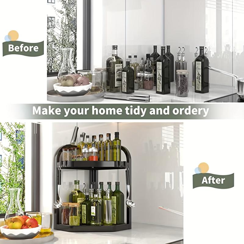 2 Tier Spice Rack Organizer with 4 Hooks Kitchen Corner Seasoning Shelf