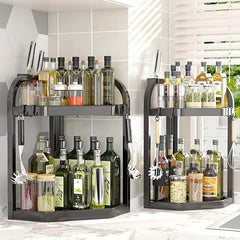 2 Tier Spice Rack Organizer with 4 Hooks Kitchen Corner Seasoning Shelf
