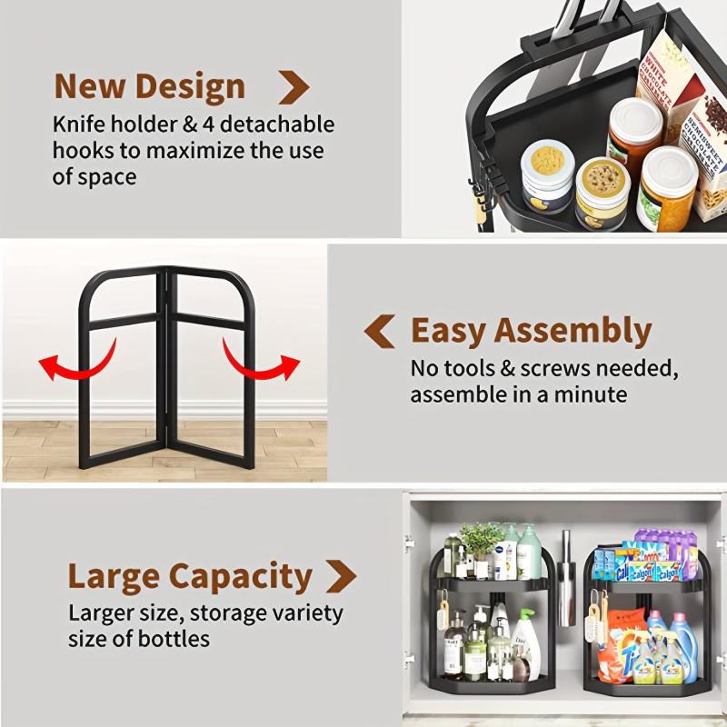 2 Tier Spice Rack Organizer with 4 Hooks Kitchen Corner Seasoning Shelf