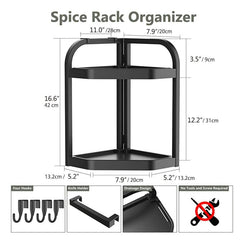 2 Tier Spice Rack Organizer with 4 Hooks Kitchen Corner Seasoning Shelf