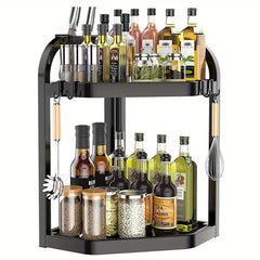 2 Tier Spice Rack Organizer with 4 Hooks Kitchen Corner Seasoning Shelf