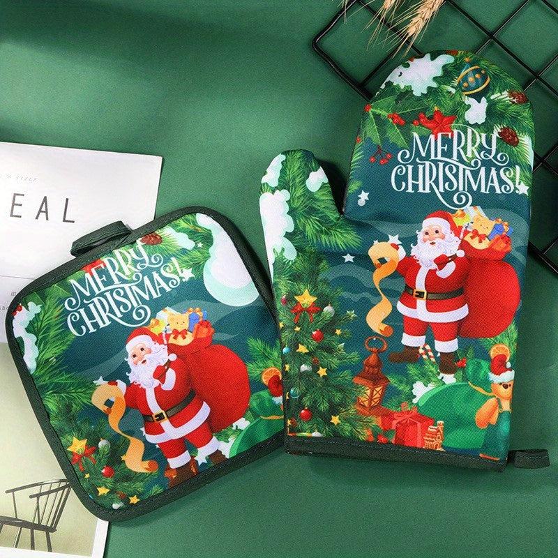 2pcs Christmas Oven Mitts And Pot Holder Set Heat Resistant Gloves