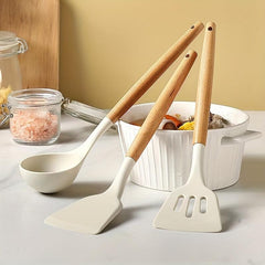 3pcs Silicone Utensil Set Non Stick Cooking Utensils Wooden Handle Spatula Spoon