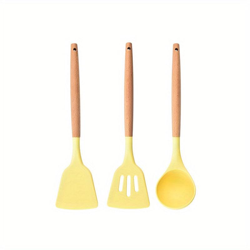 3pcs Silicone Utensil Set Non Stick Cooking Utensils Wooden Handle Spatula Spoon