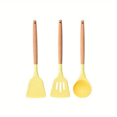 3pcs Silicone Utensil Set Non Stick Cooking Utensils Wooden Handle Spatula Spoon