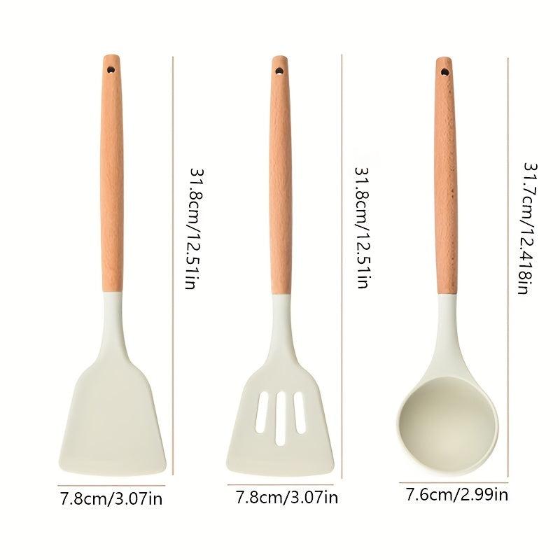 3pcs Silicone Utensil Set Non Stick Cooking Utensils Wooden Handle Spatula Spoon