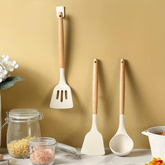 3pcs Silicone Utensil Set Non Stick Cooking Utensils Wooden Handle Spatula Spoon