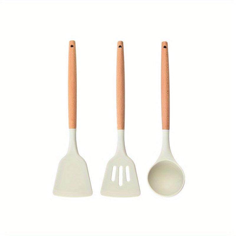 3pcs Silicone Utensil Set Non Stick Cooking Utensils Wooden Handle Spatula Spoon