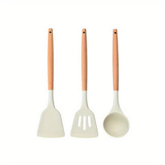 3pcs Silicone Utensil Set Non Stick Cooking Utensils Wooden Handle Spatula Spoon