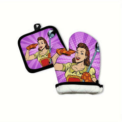 2pcs Colorful Printed Cotton Oven Mitts Heat Resistant Double Layer Gloves