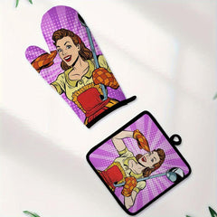 2pcs Colorful Printed Cotton Oven Mitts Heat Resistant Double Layer Gloves