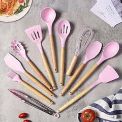 12pcs Silicone Kitchen Utensils With Wooden Handle Kitchen Gadgets