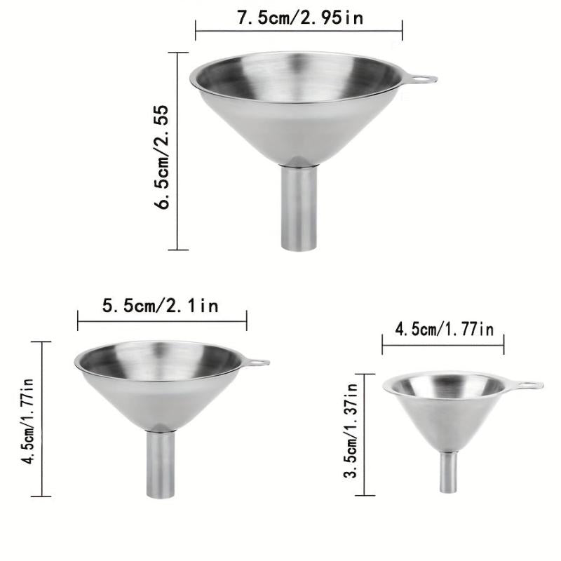 3pcs Stainless Steel Funnel Set, Heat-Resistant for Oils, Spices, Wine