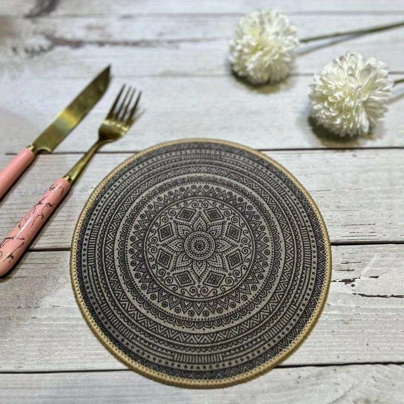Rubber Round Placemat Boho Embroidery Washable Waterproof