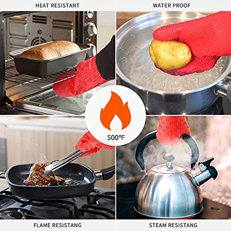 Red Silicone Oven Mitts Heat Resistant Baking Gloves
