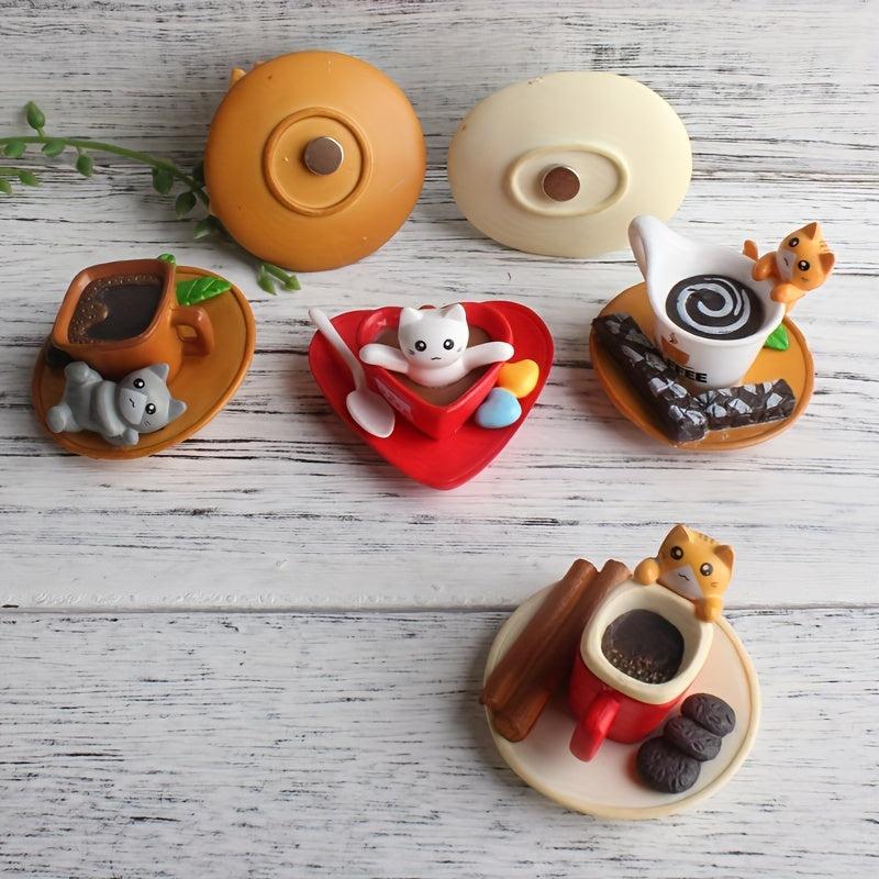 6pcs Coffee Kitten Fridge Magnets Cute Cat Drinks Stickers Kitchen Decor