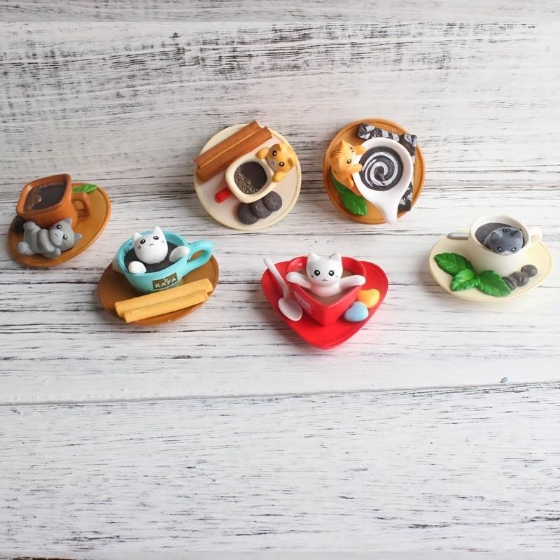 6pcs Coffee Kitten Fridge Magnets Cute Cat Drinks Stickers Kitchen Decor