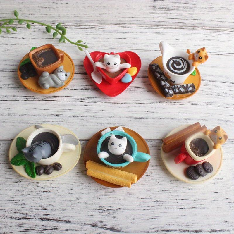 6pcs Coffee Kitten Fridge Magnets Cute Cat Drinks Stickers Kitchen Decor
