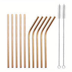 12pcs Stainless Steel Straws Set with Cleaning Brush - Reusable Straw