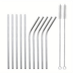 12pcs Stainless Steel Straws Set with Cleaning Brush - Reusable Straw