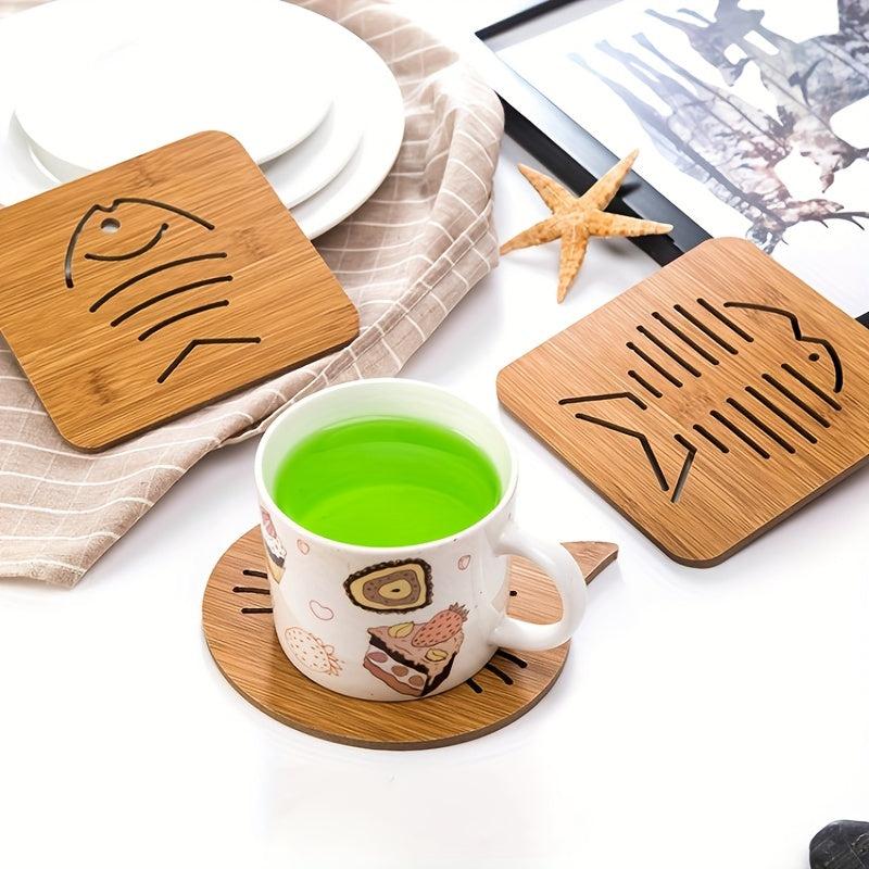 6pcs Bamboo Cat Potholder Wooden Heat Insulation Pad