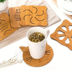 6pcs Bamboo Cat Potholder Wooden Heat Insulation Pad
