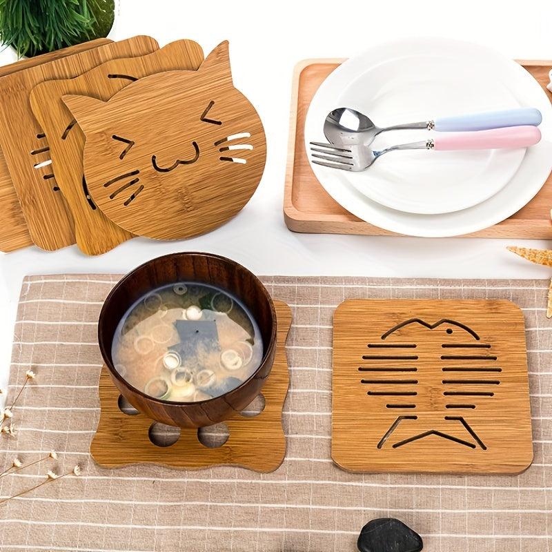 6pcs Bamboo Cat Potholder Wooden Heat Insulation Pad