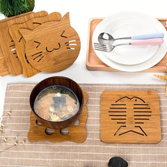 6pcs Bamboo Cat Potholder Wooden Heat Insulation Pad